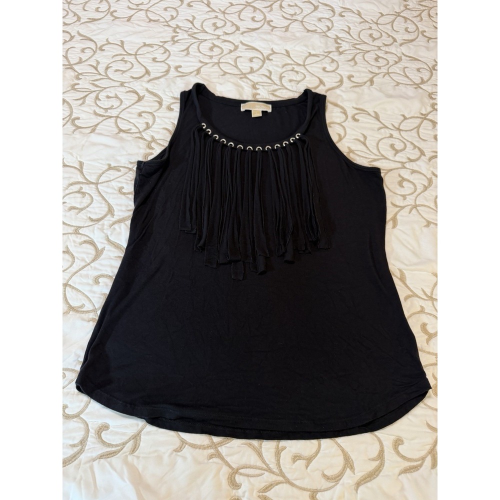 Michael Kors Women's Large Black Fringe Tank Top Sleeveless Grommet Stretch L